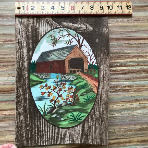 Covered Bridge Countryside Completed Wall Hanging Artex Tri-Chem Painting 9x12" - Picture 1 of 3